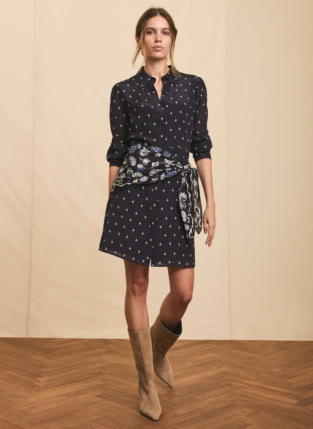 Navy Print Scarf Detail Mini Dress