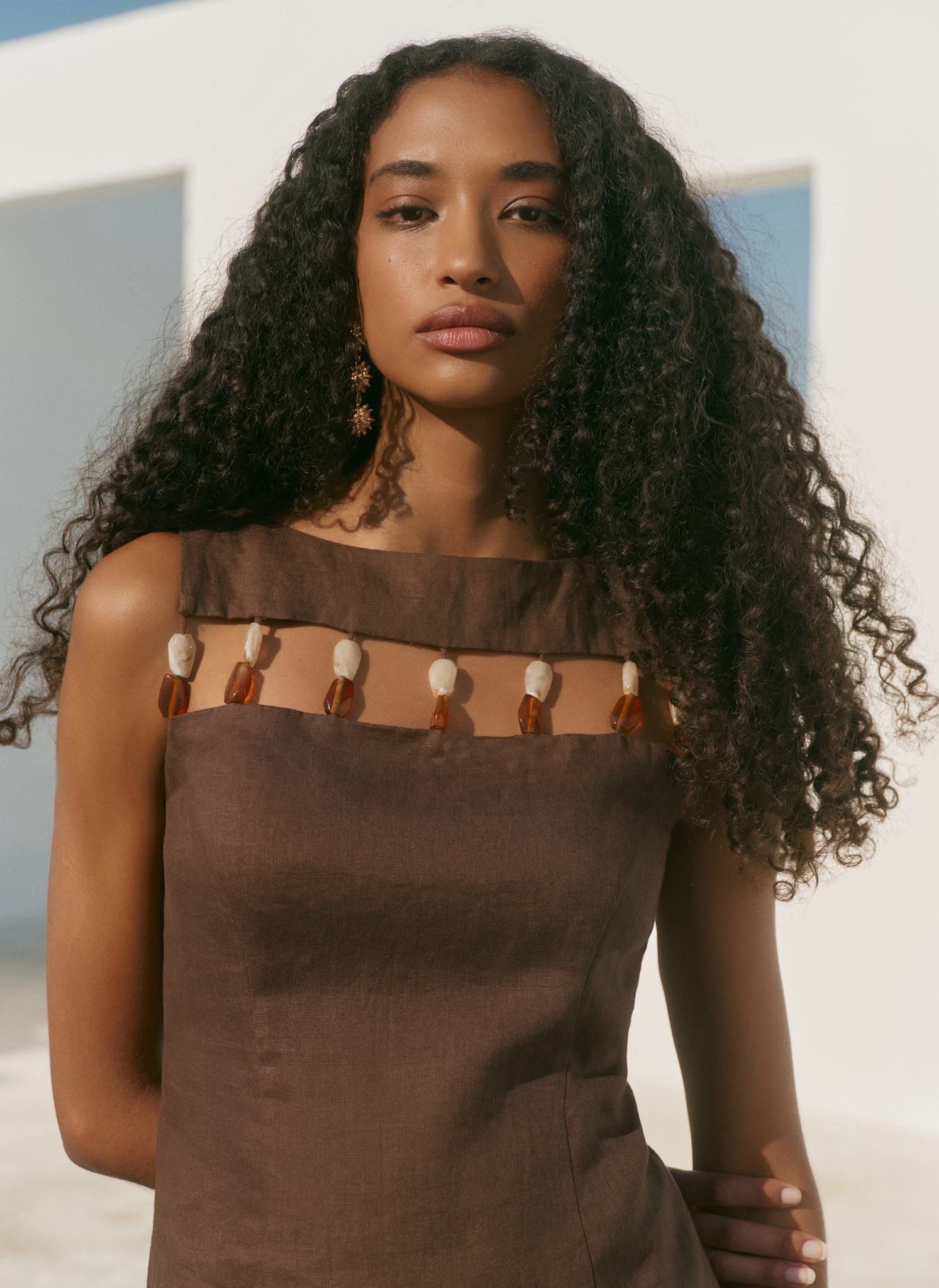 Brown Linen Beaded Mini Dress – Mint Velvet