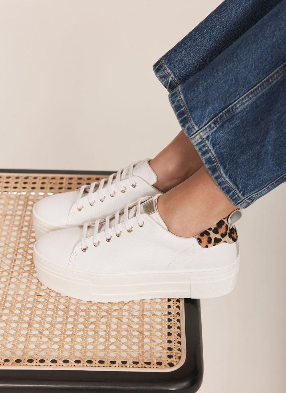 Belle White Platform Leopard Trainers