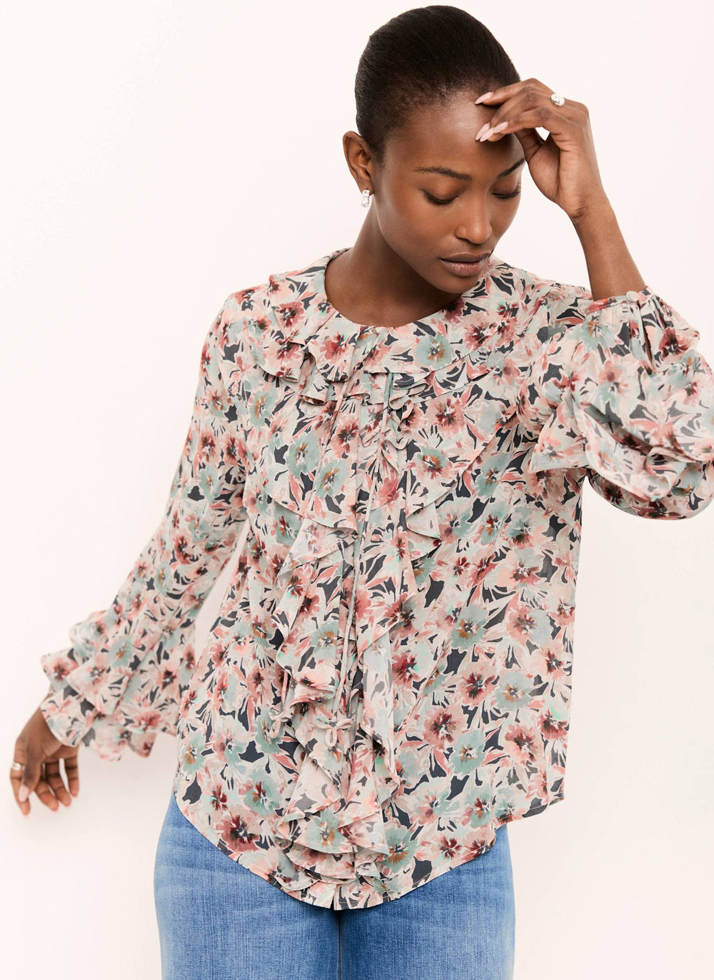 Green Floral Print Ruffle Blouse