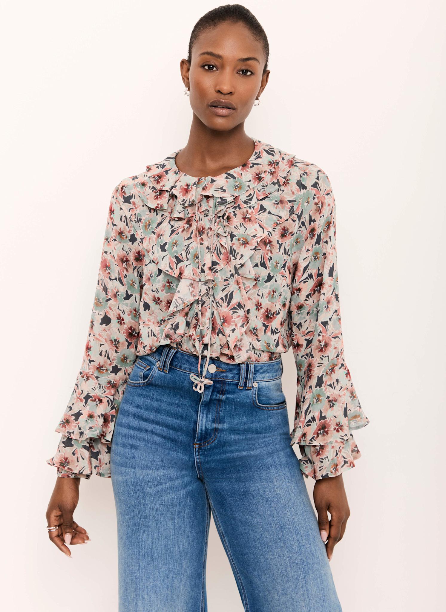 Green Floral Print Ruffle Blouse – Mint Velvet