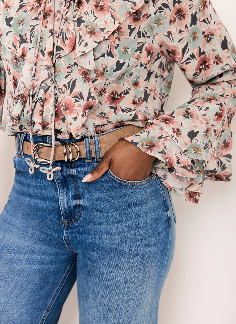 Green Floral Print Ruffle Blouse