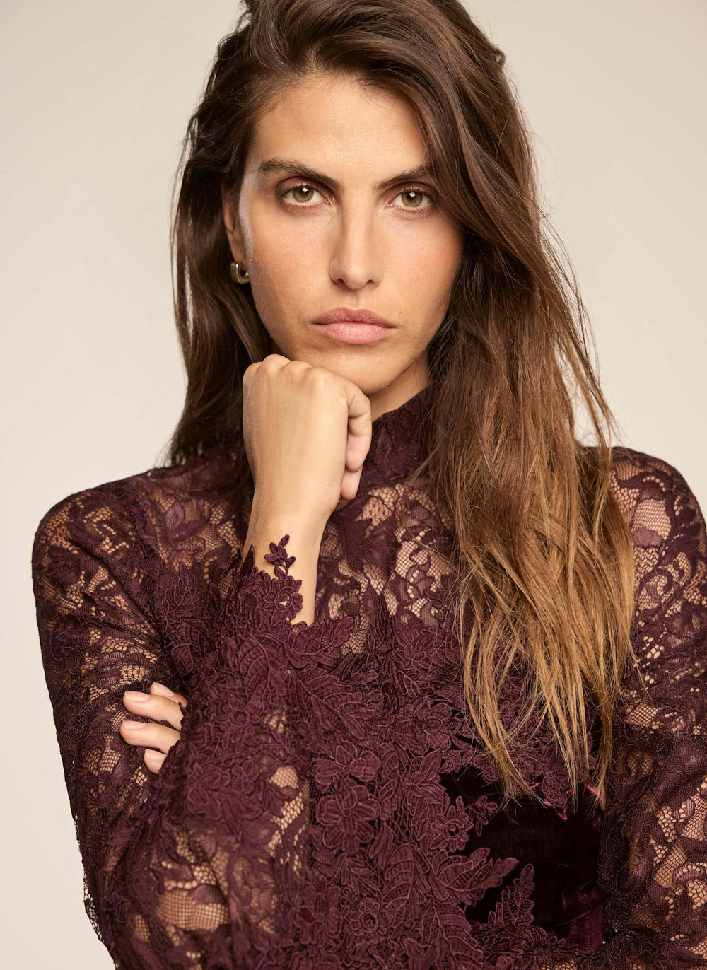 Burgundy Lace Detail Mini Dress
