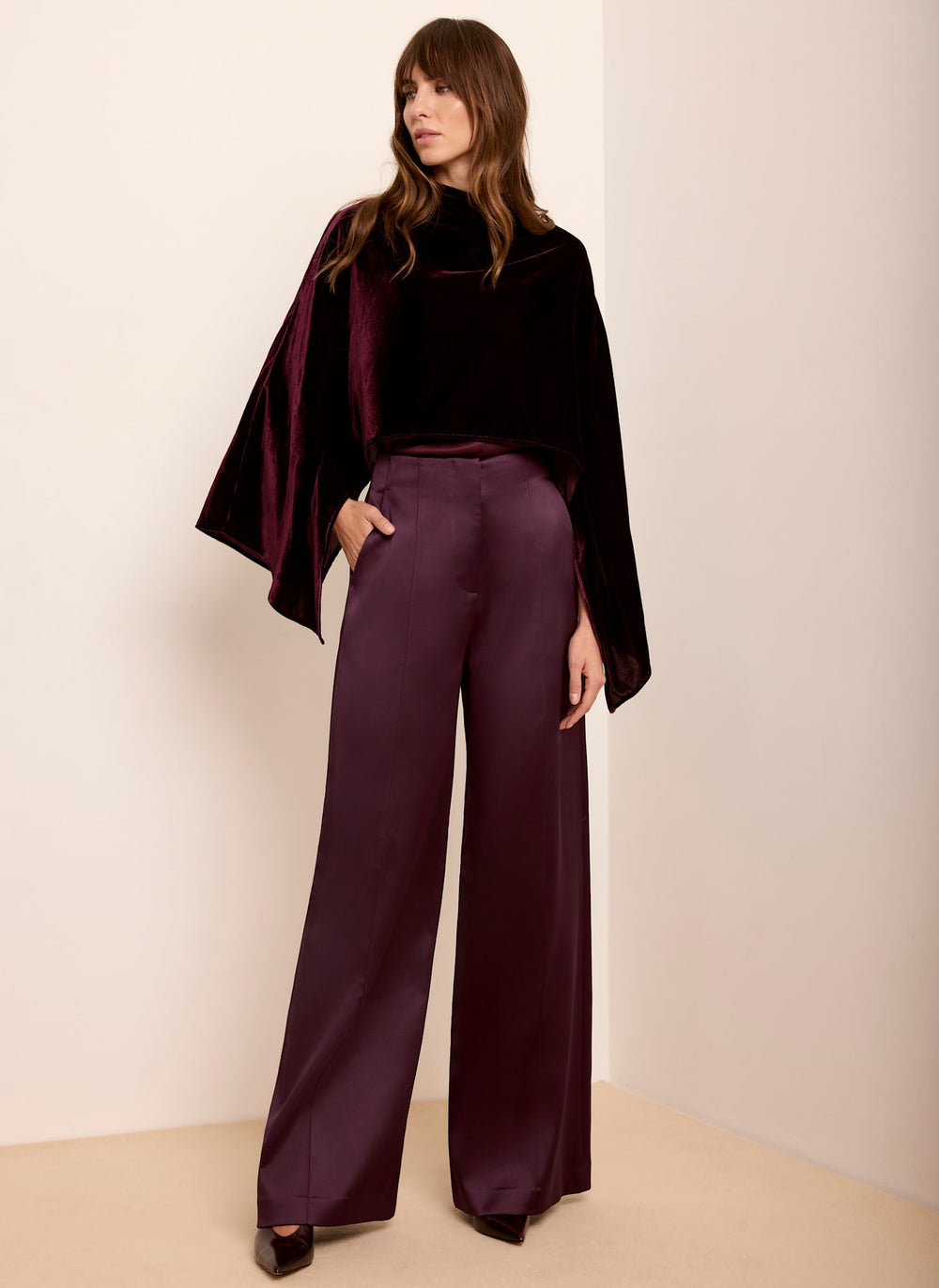 Burgundy Satin Structured Wide Leg Trousers