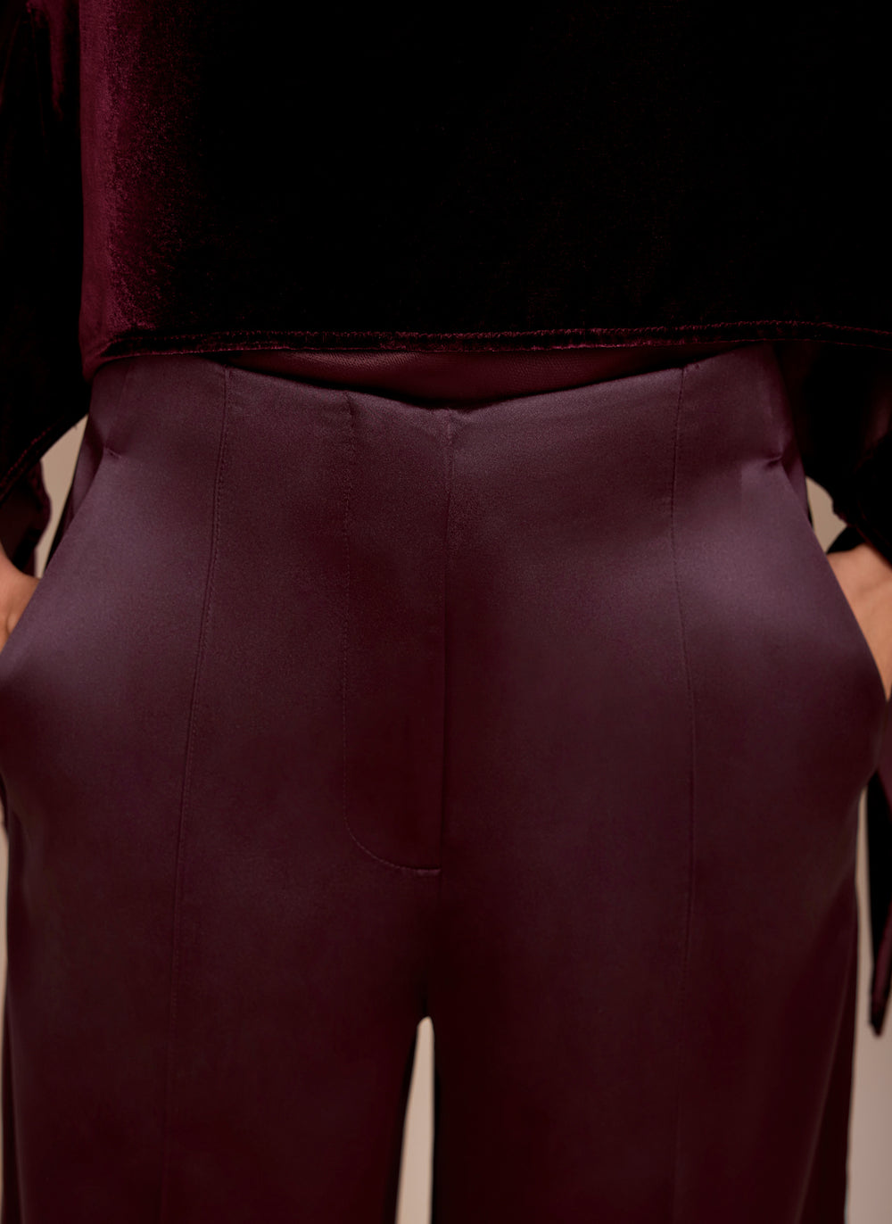 Burgundy Satin Structured Wide Leg Trousers