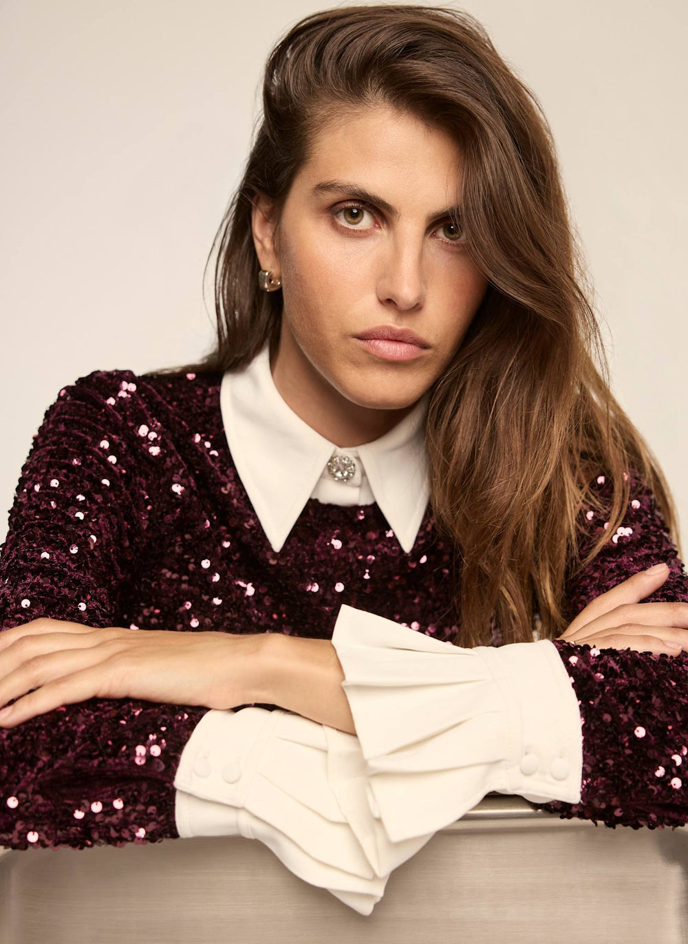 Burgundy Sequin Contrast Shirt Mini Dress