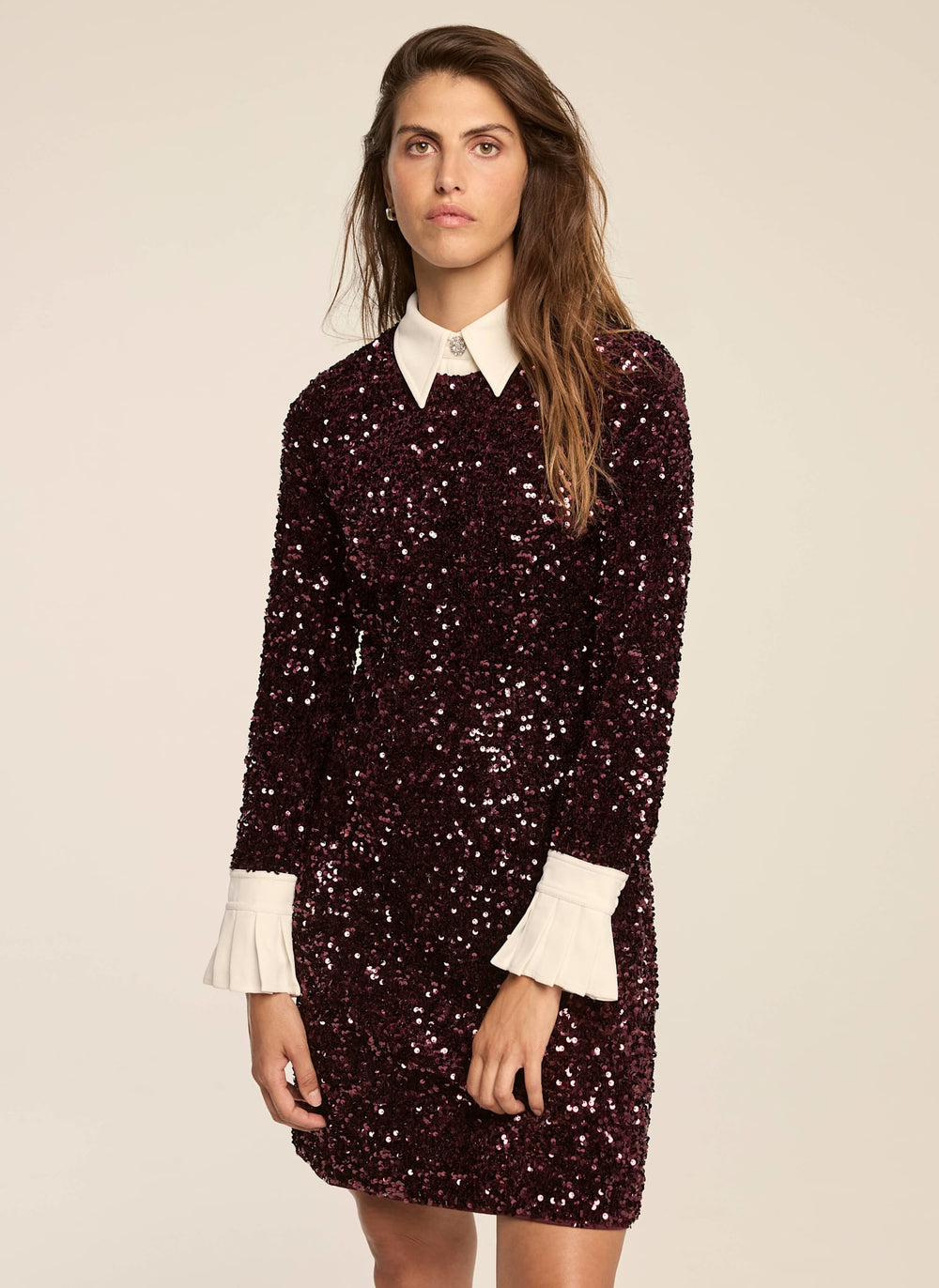 Burgundy Sequin Contrast Shirt Mini Dress