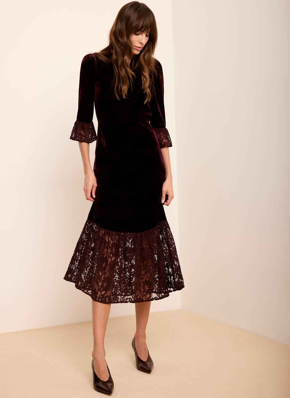 Burgundy Velvet Lace Trim Midi Dress