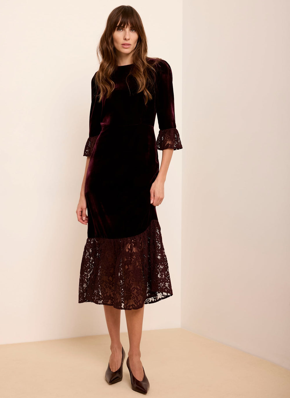 Burgundy Velvet Lace Trim Midi Dress