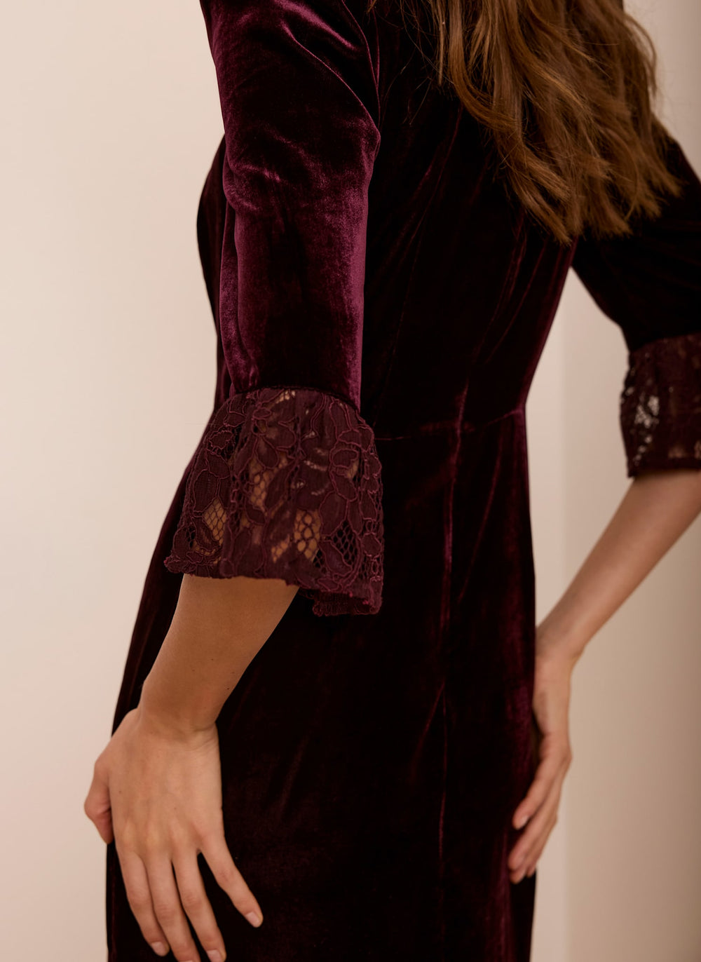 Burgundy Velvet Lace Trim Midi Dress