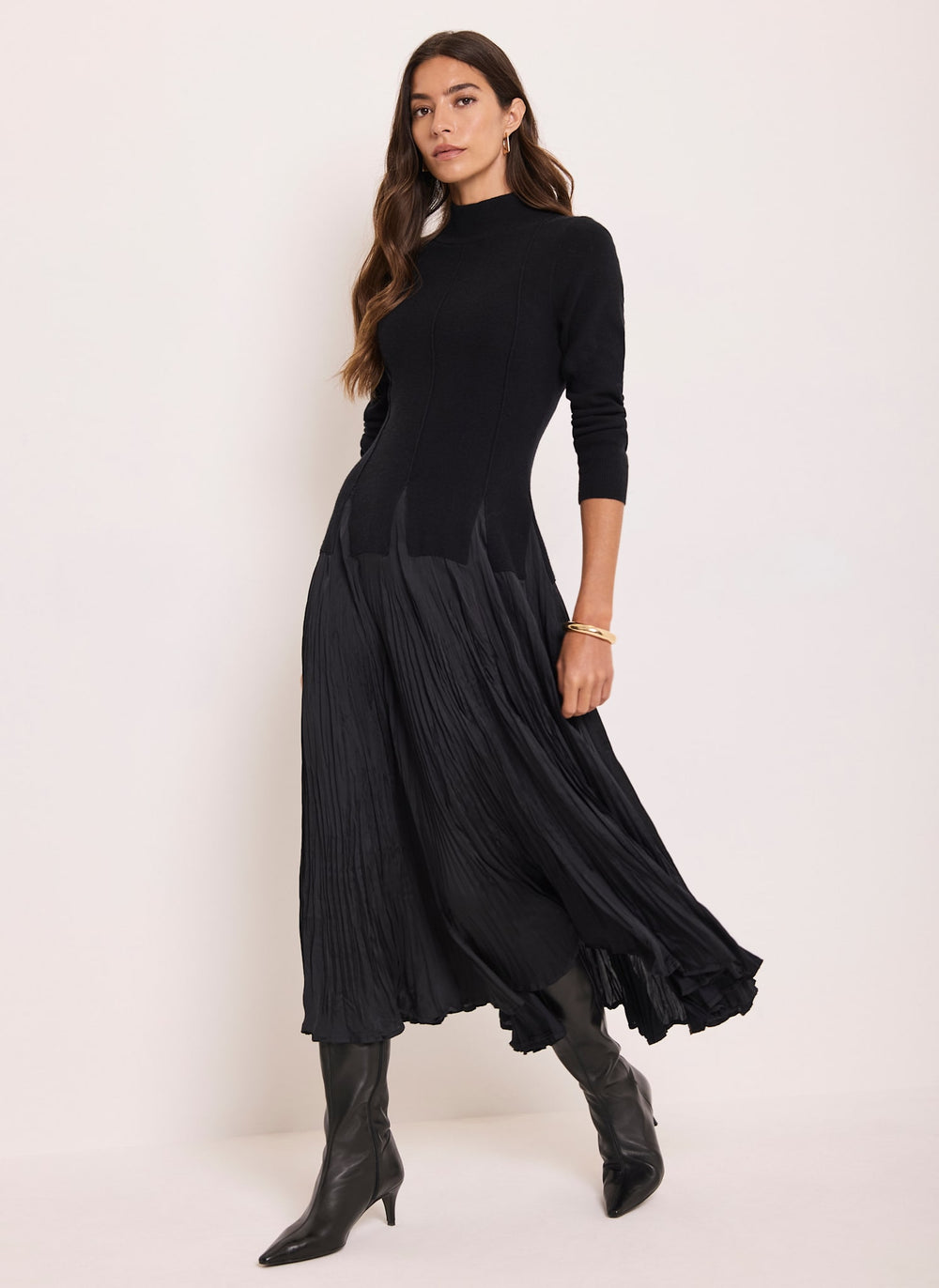 Black Layered Drop Waist Knit Crinkle Midi Dress