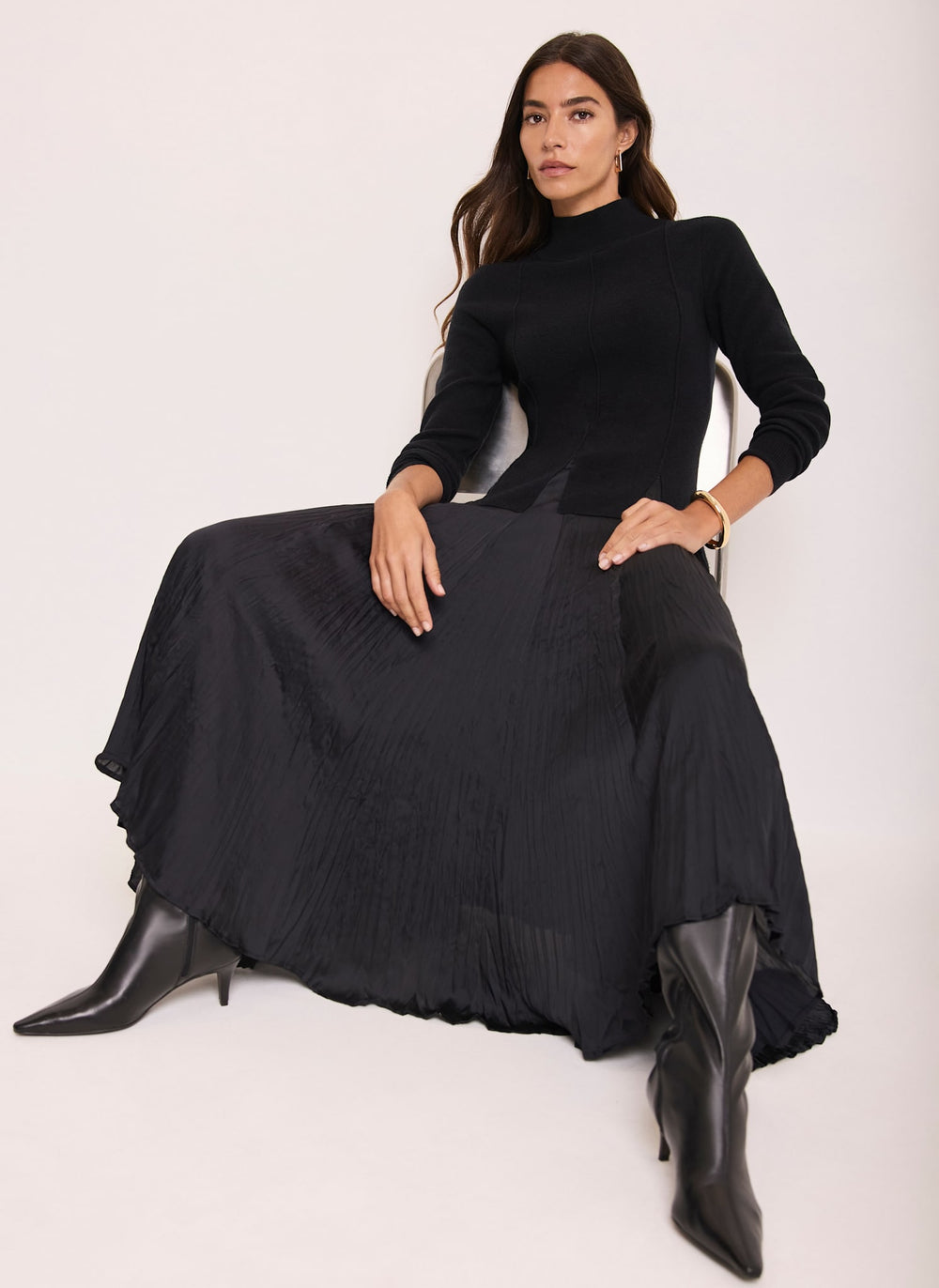 Black Layered Drop Waist Knit Crinkle Midi Dress