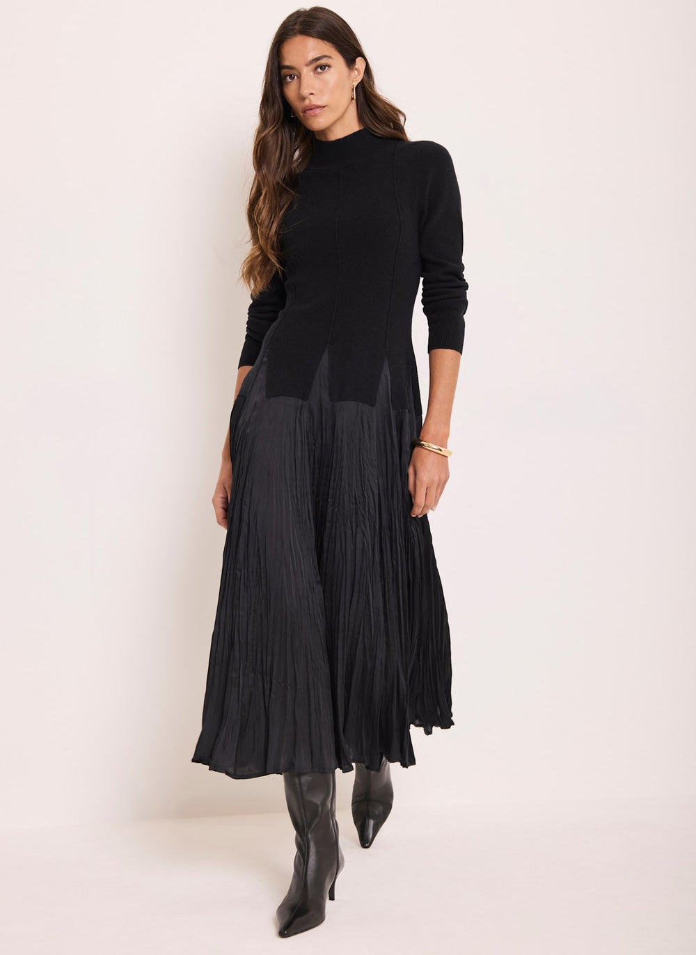 Black Layered Drop Waist Knit Crinkle Midi Dress