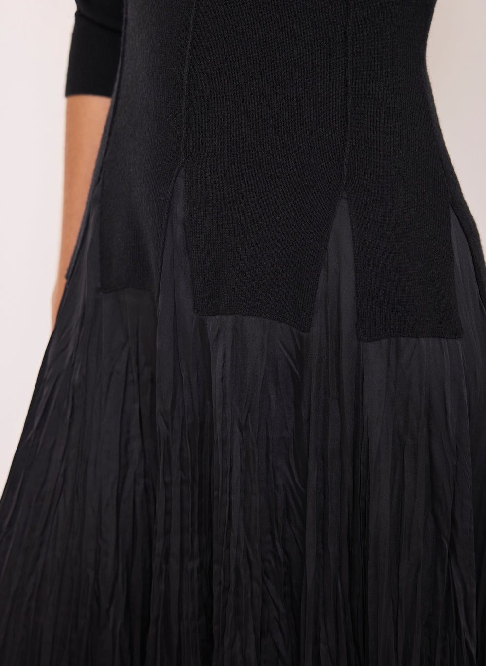 Black Layered Drop Waist Knit Crinkle Midi Dress