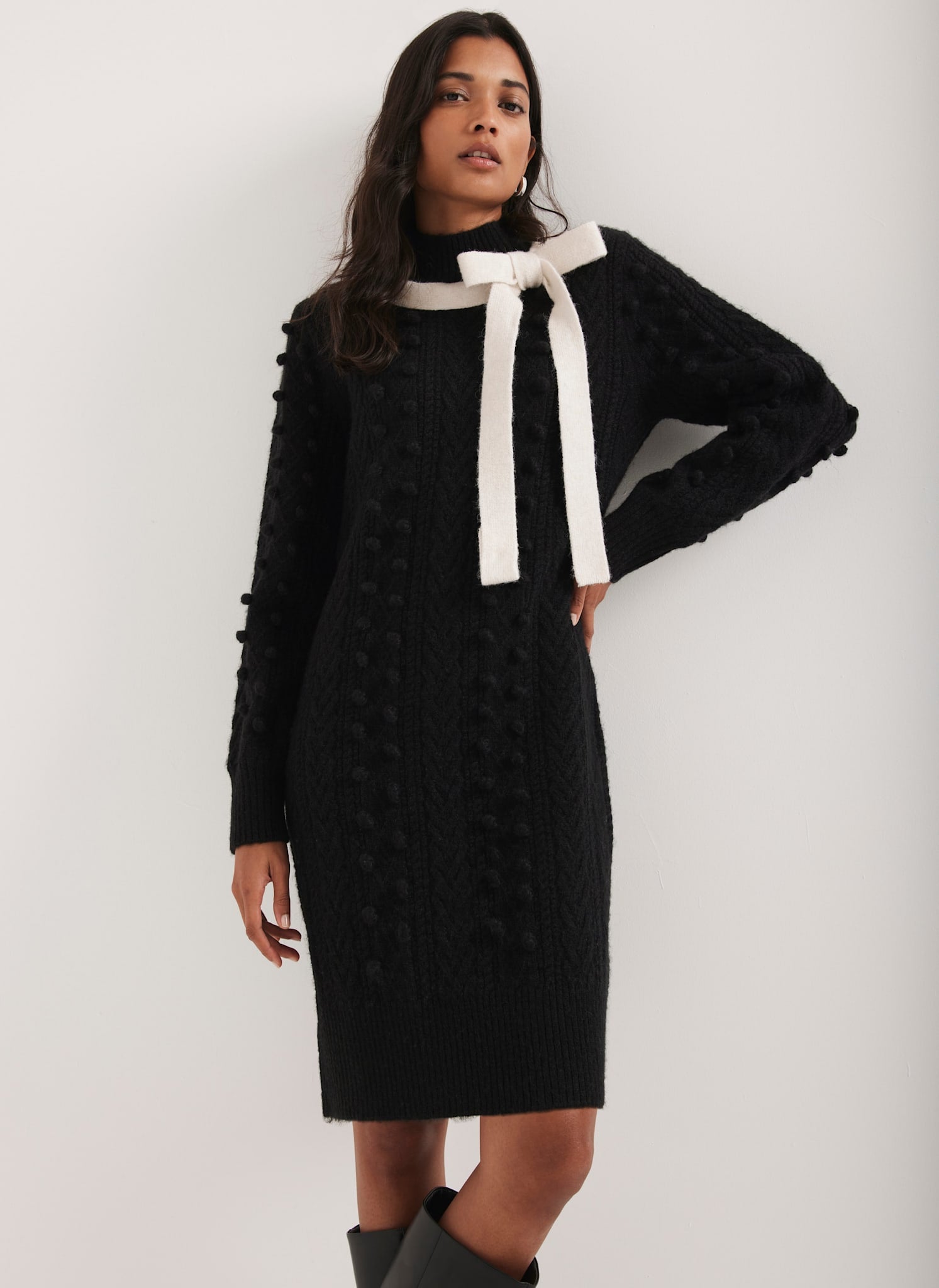 Black Bow Detail Cable Knit Mini Dress – Mint Velvet