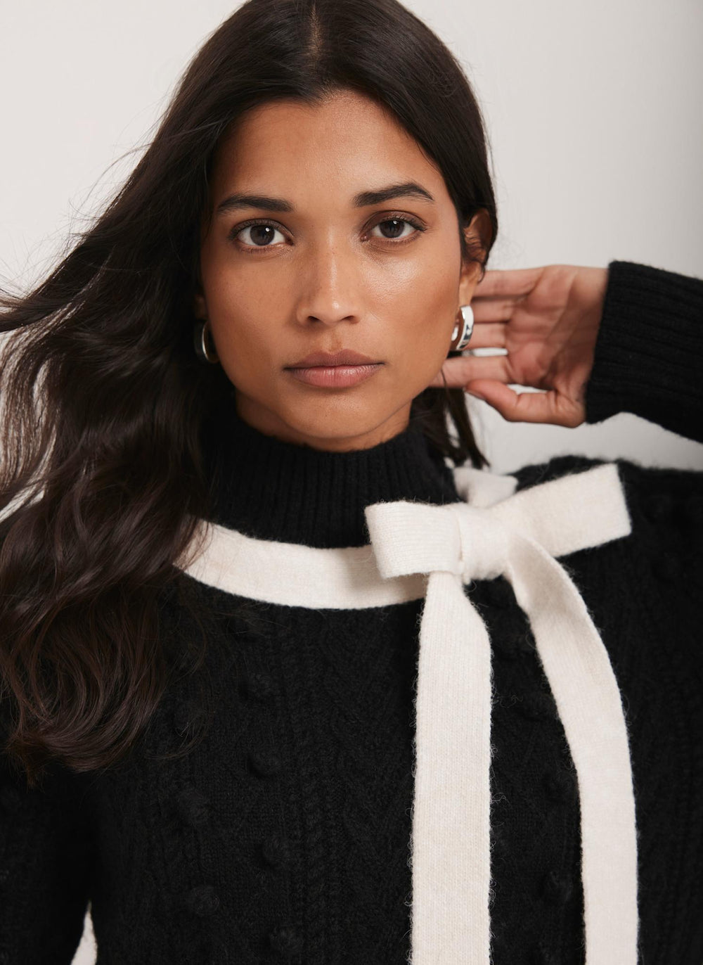 Black Bow Detail Cable Knit Mini Dress  Mint Velvet