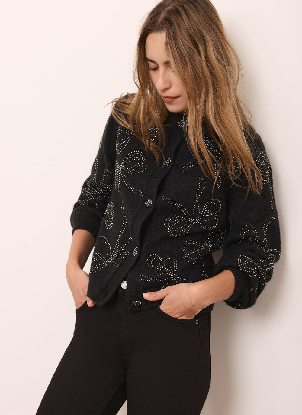 Black Bow Detail Embellished Cardigan