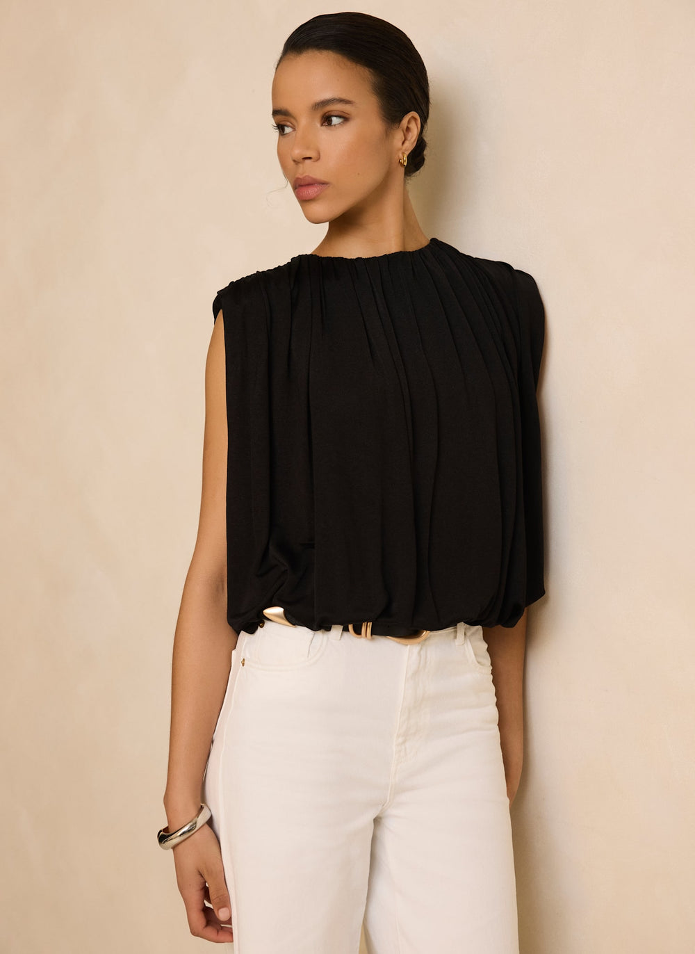 Black Pleated Bubble Hem Top