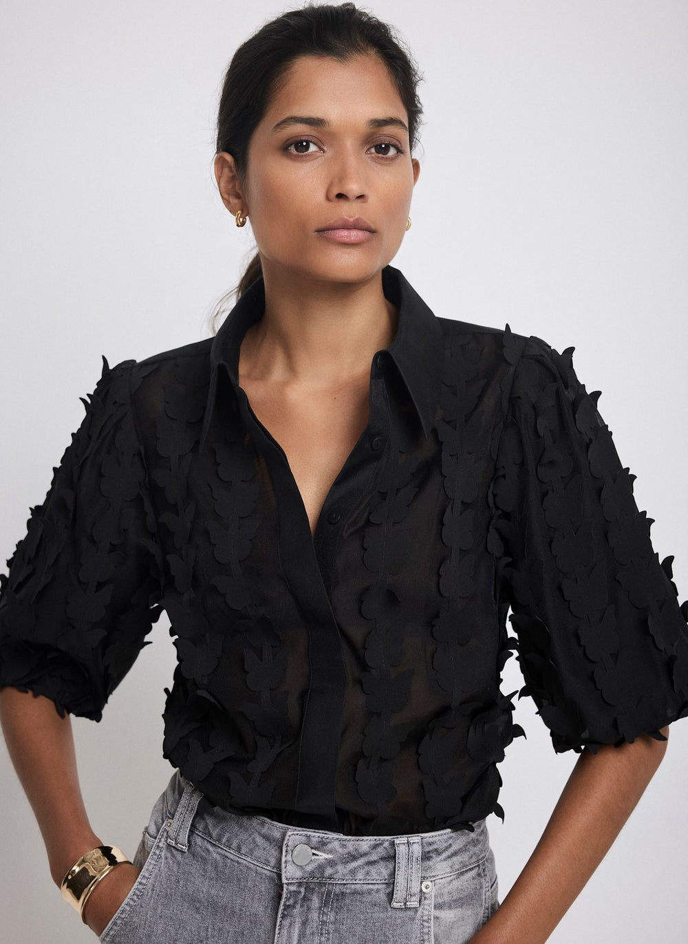 Black Butterfly Applique Shirt