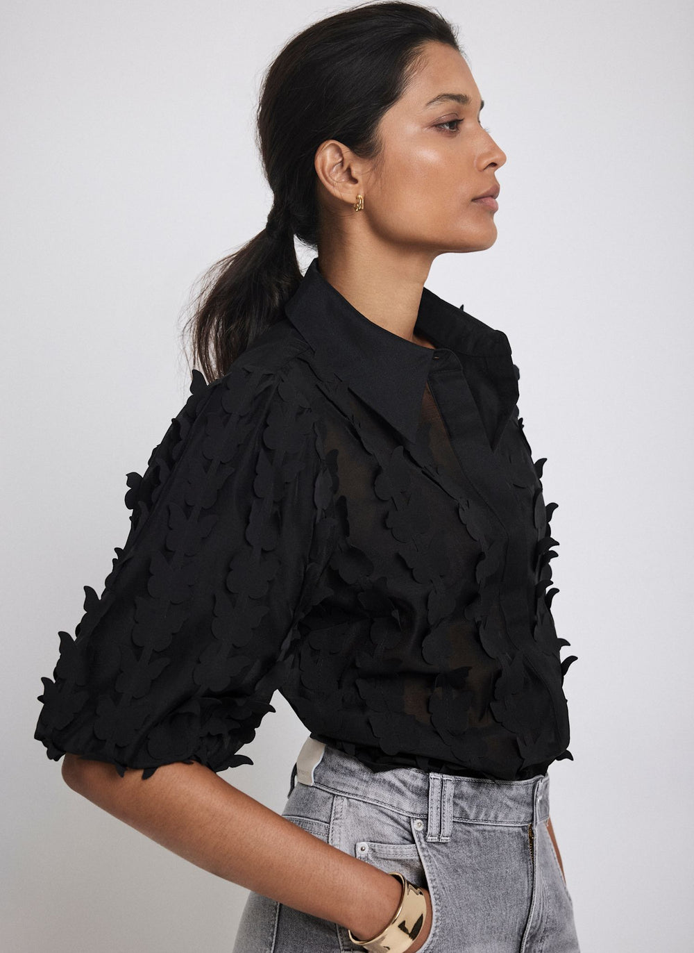 Black Butterfly Applique Shirt