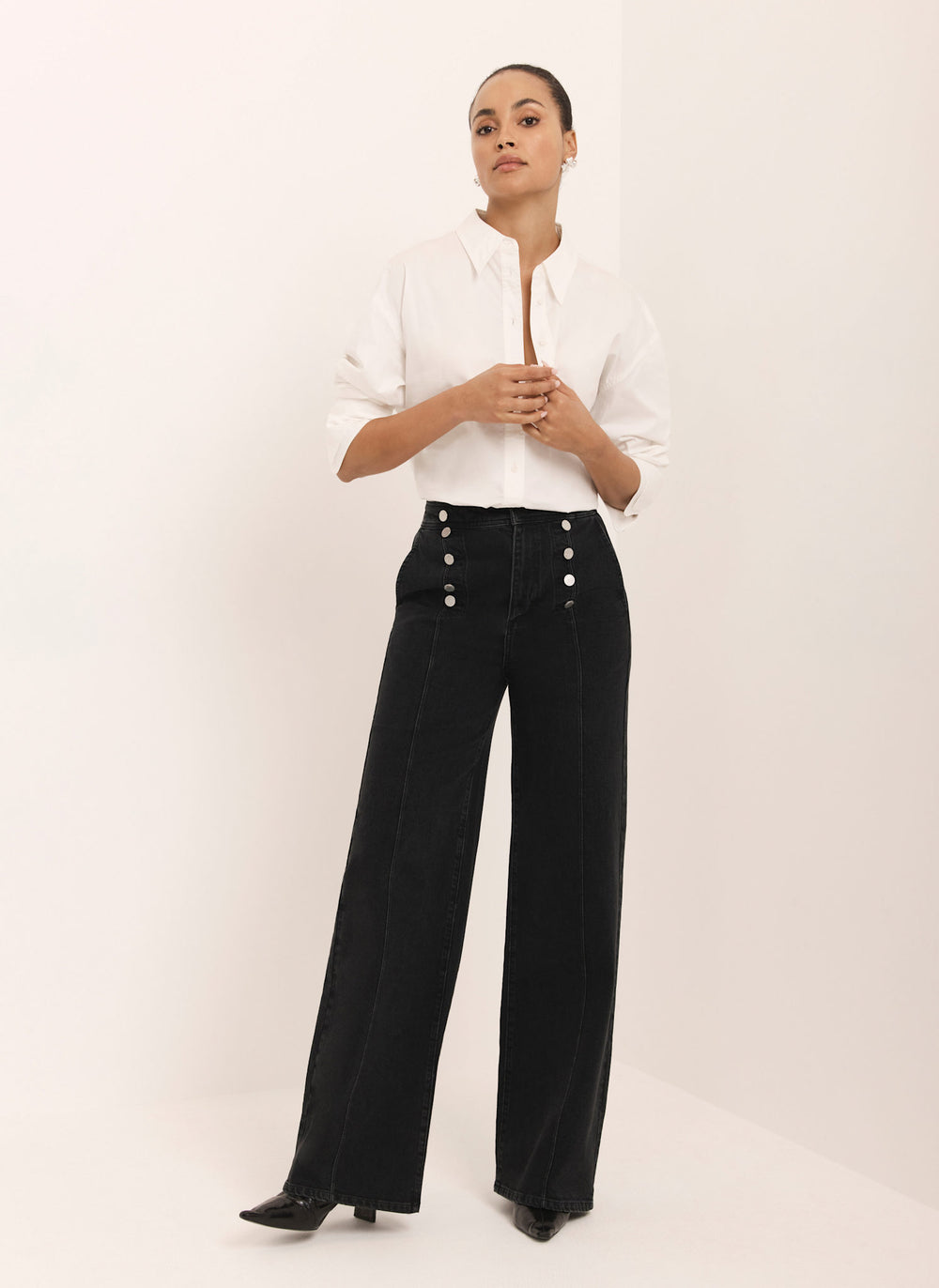 Black Button Detail Wide Jeans