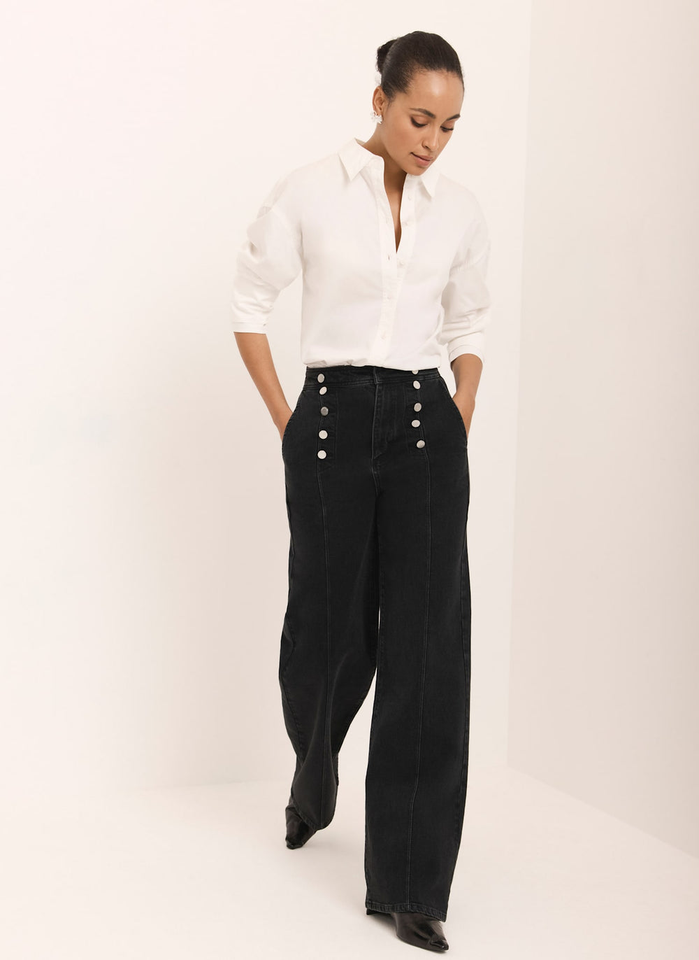 Black Button Detail Wide Jeans