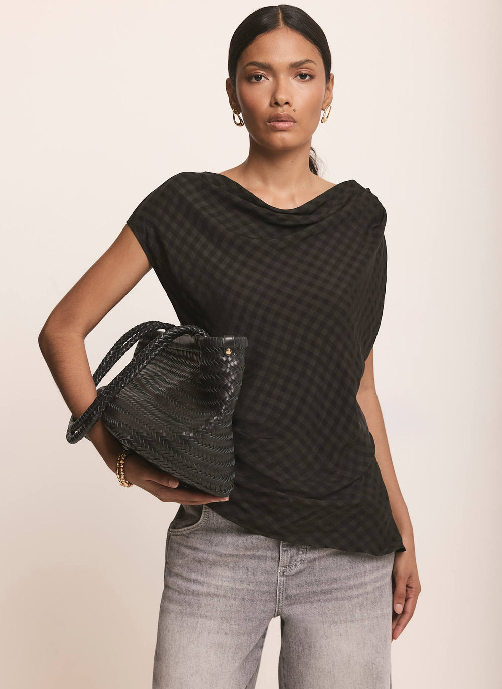 Black Checked Satin Drape Detail Top