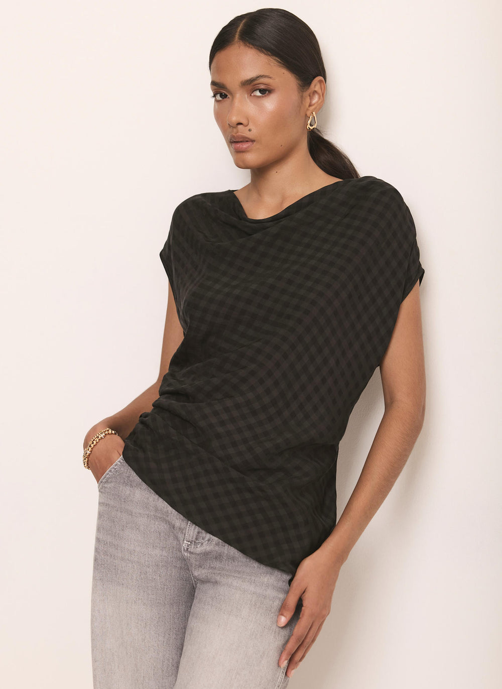 Black Checked Satin Drape Detail Top