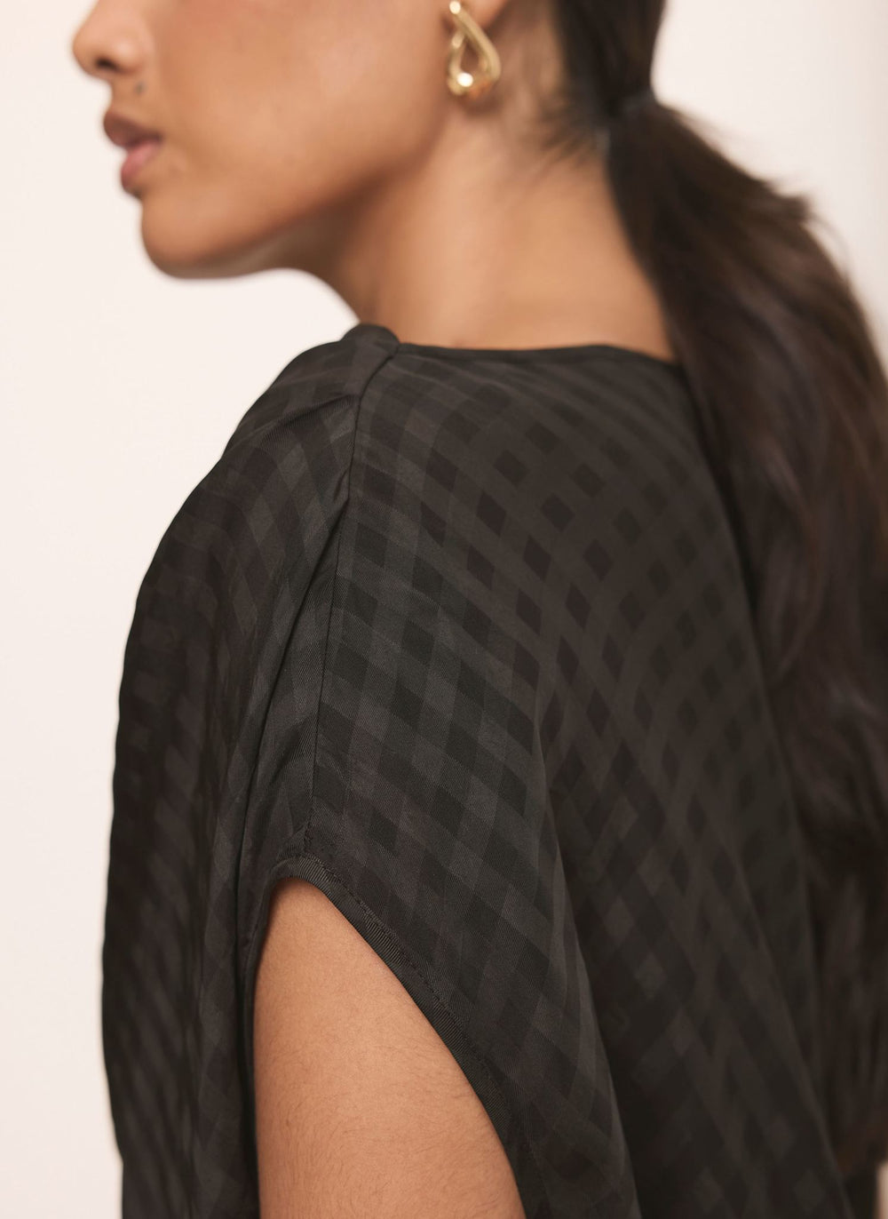 Black Checked Satin Drape Detail Top