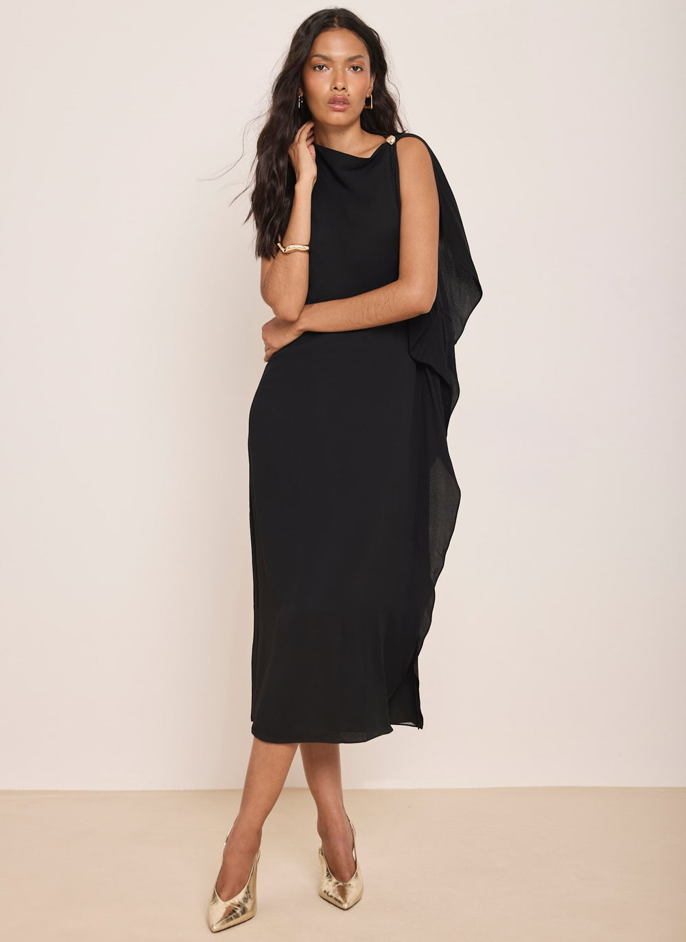 Black Ruffle Detail Midi Dress