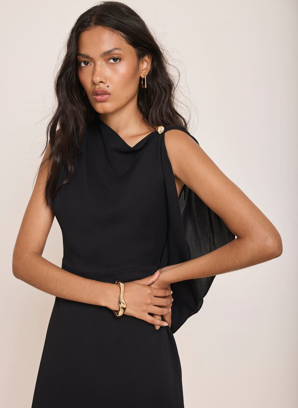 Black Ruffle Detail Midi Dress