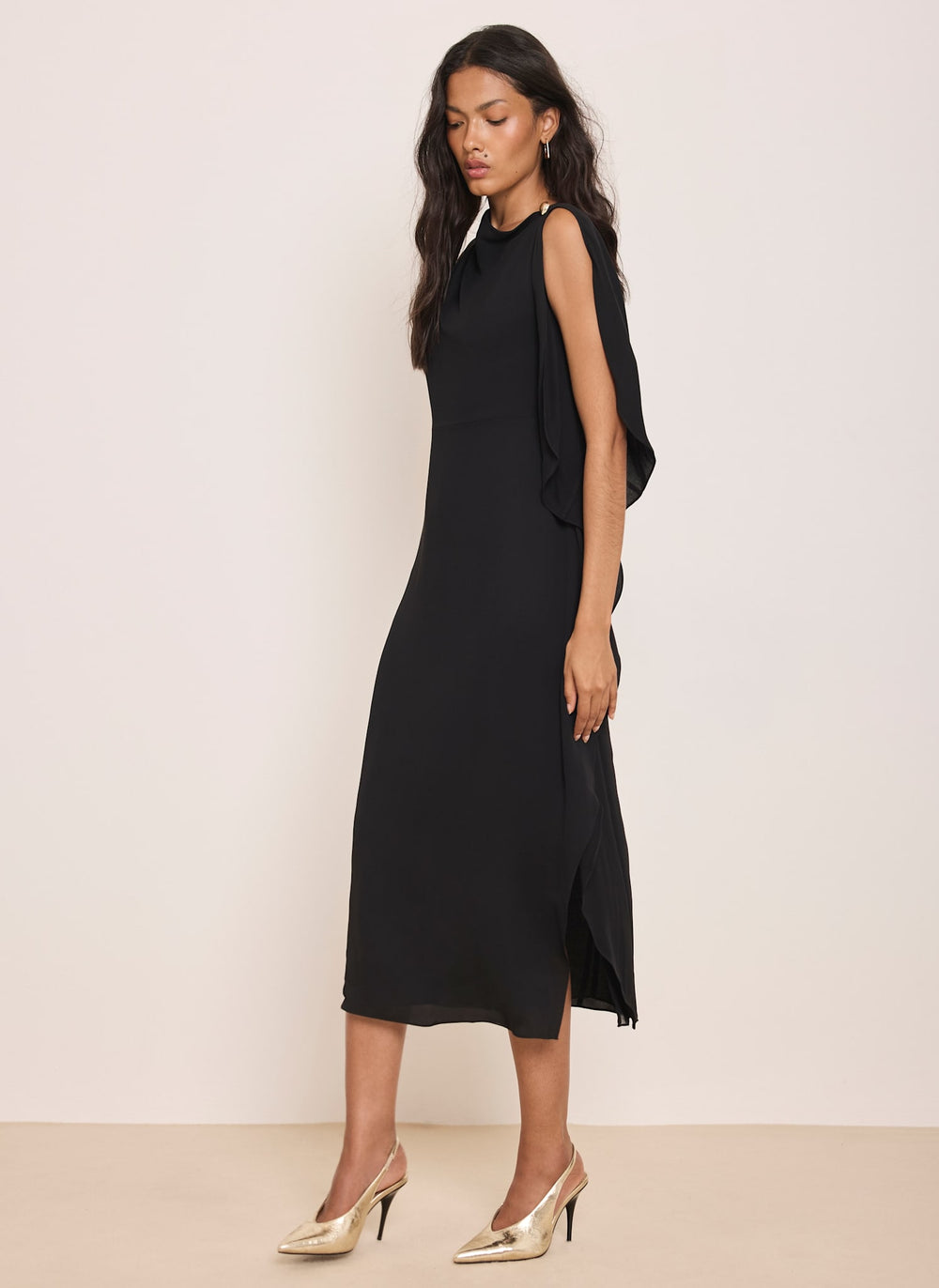 Black Ruffle Detail Midi Dress