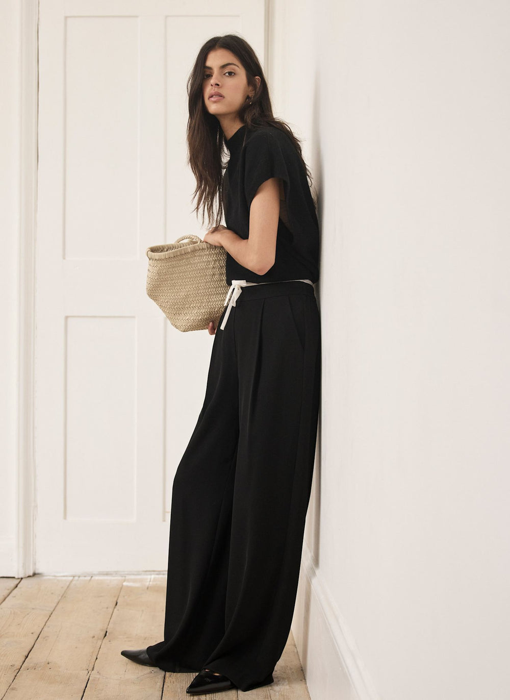 Black Contrast Waist Wide Leg Trousers