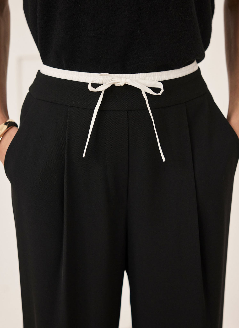 Black Contrast Waist Wide Leg Trousers