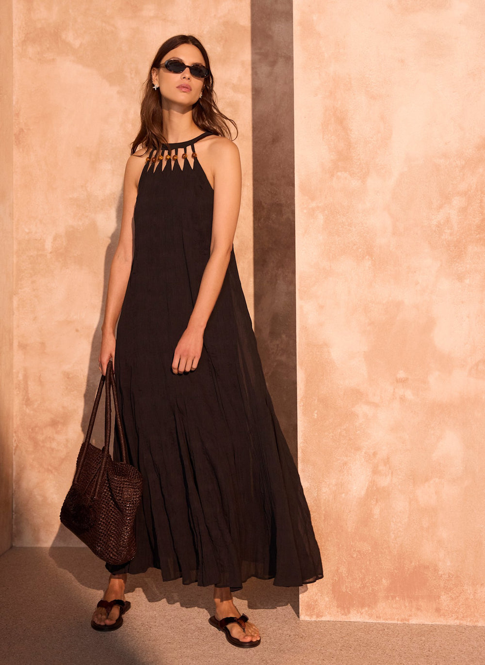 Mint Velvet Black Beaded Halter Maxi Dress | Size XS | Black | Sleeveless