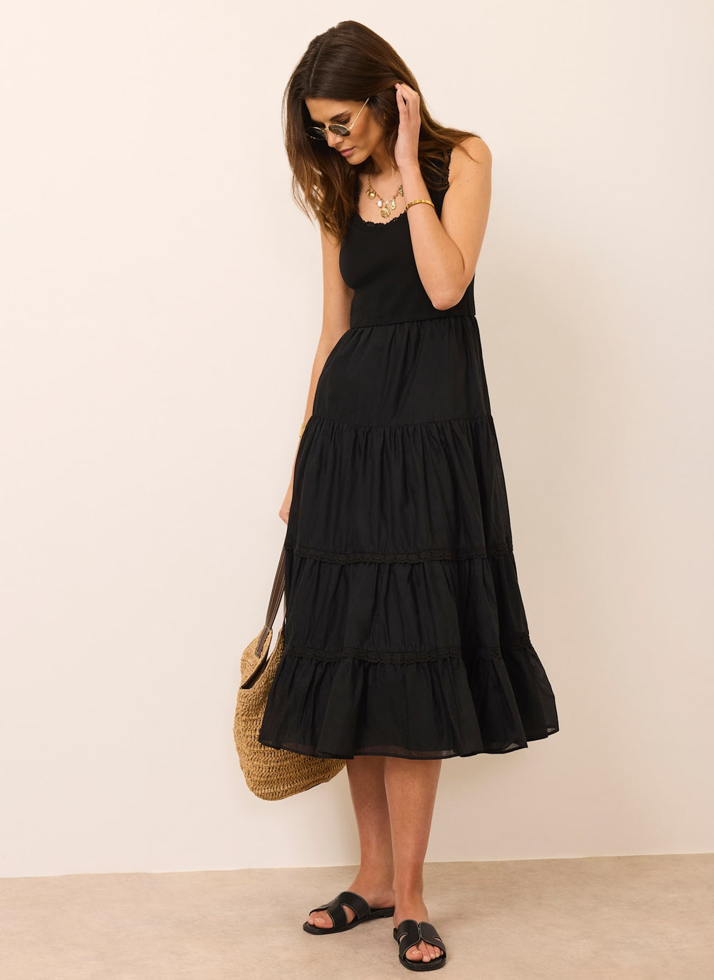 Mint Velvet Black Crochet Trim Tiered Midi Dress | Size M | Black | Sleeveless | Crew Neck