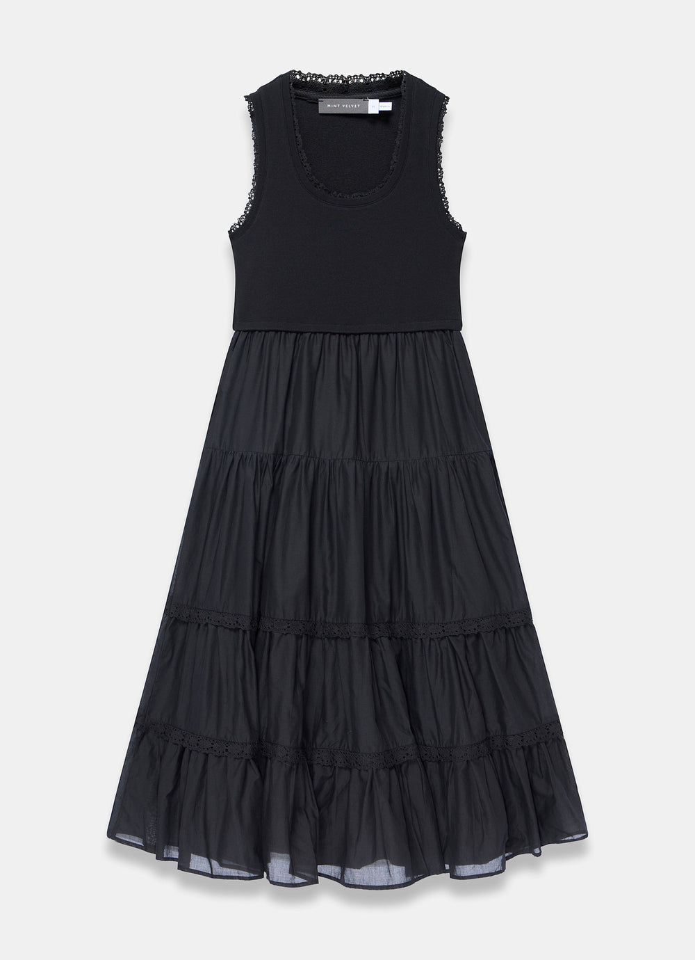 Black Crochet Trim Tiered Midi Dress – Mint Velvet