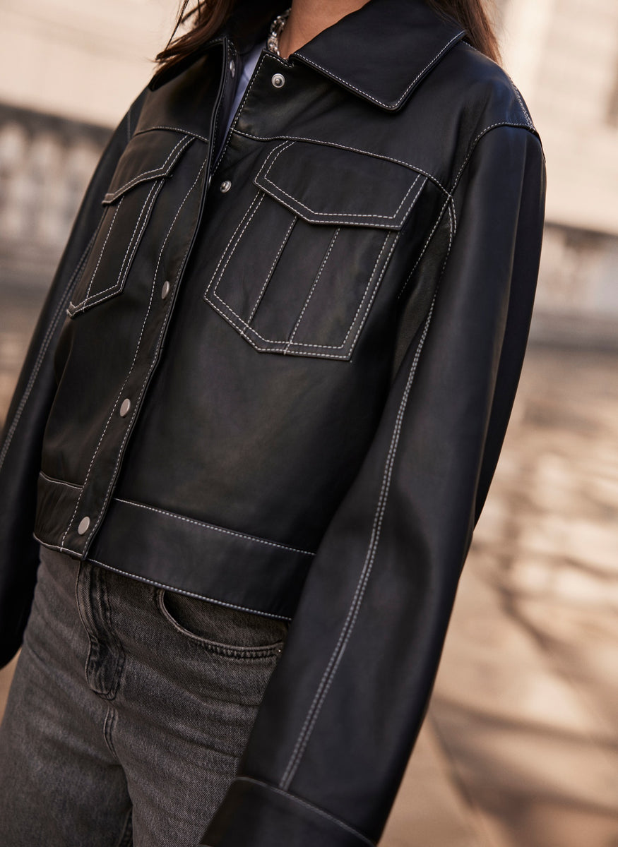 Black Contrast Leather Jacket – Mint Velvet