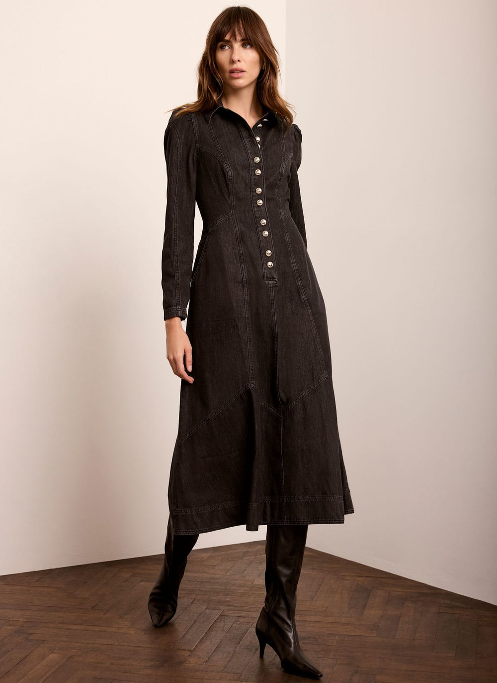 Black Denim Midi Shirt Dress