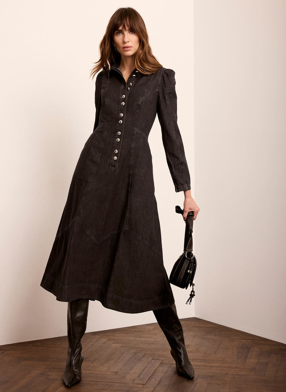 Black Denim Midi Shirt Dress