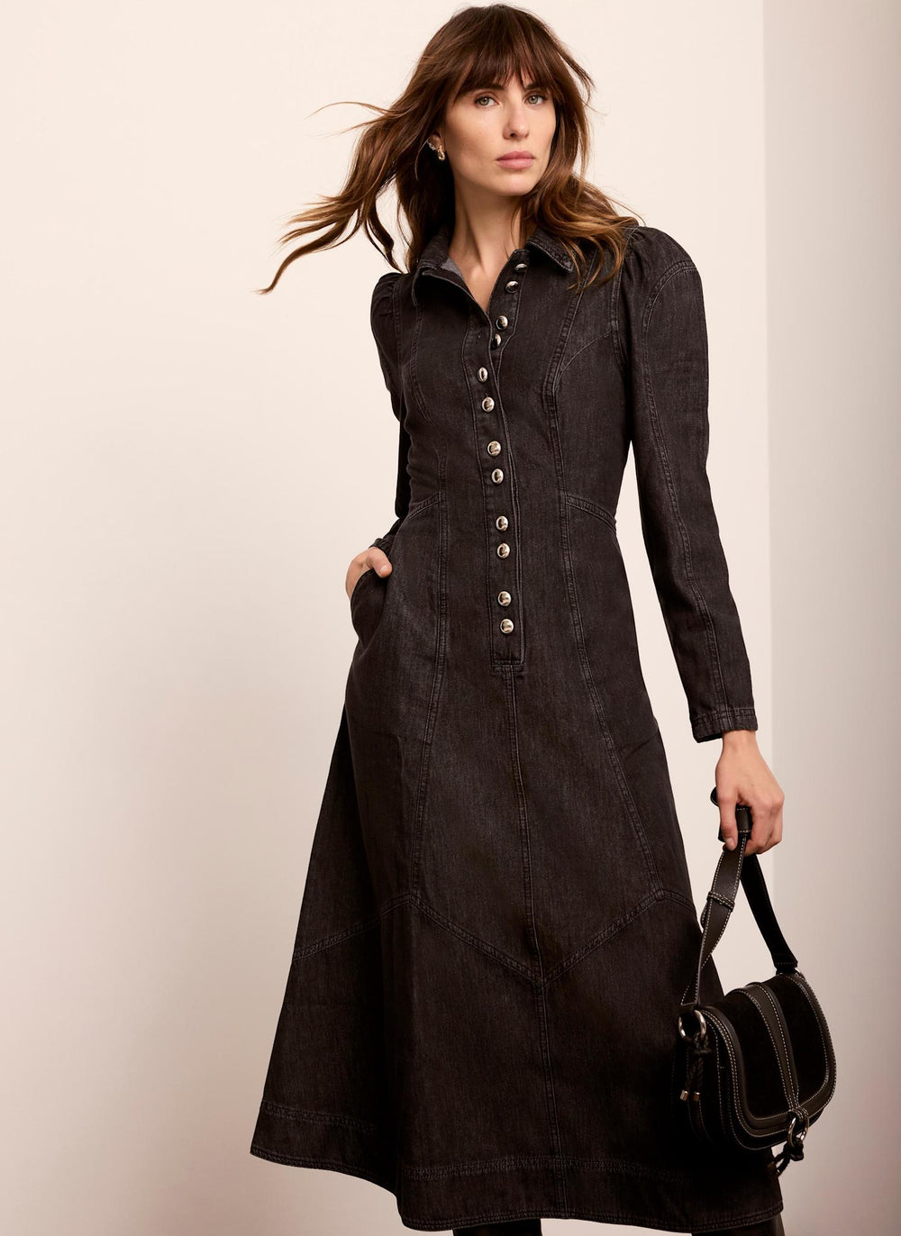 Black Denim Midi Shirt Dress