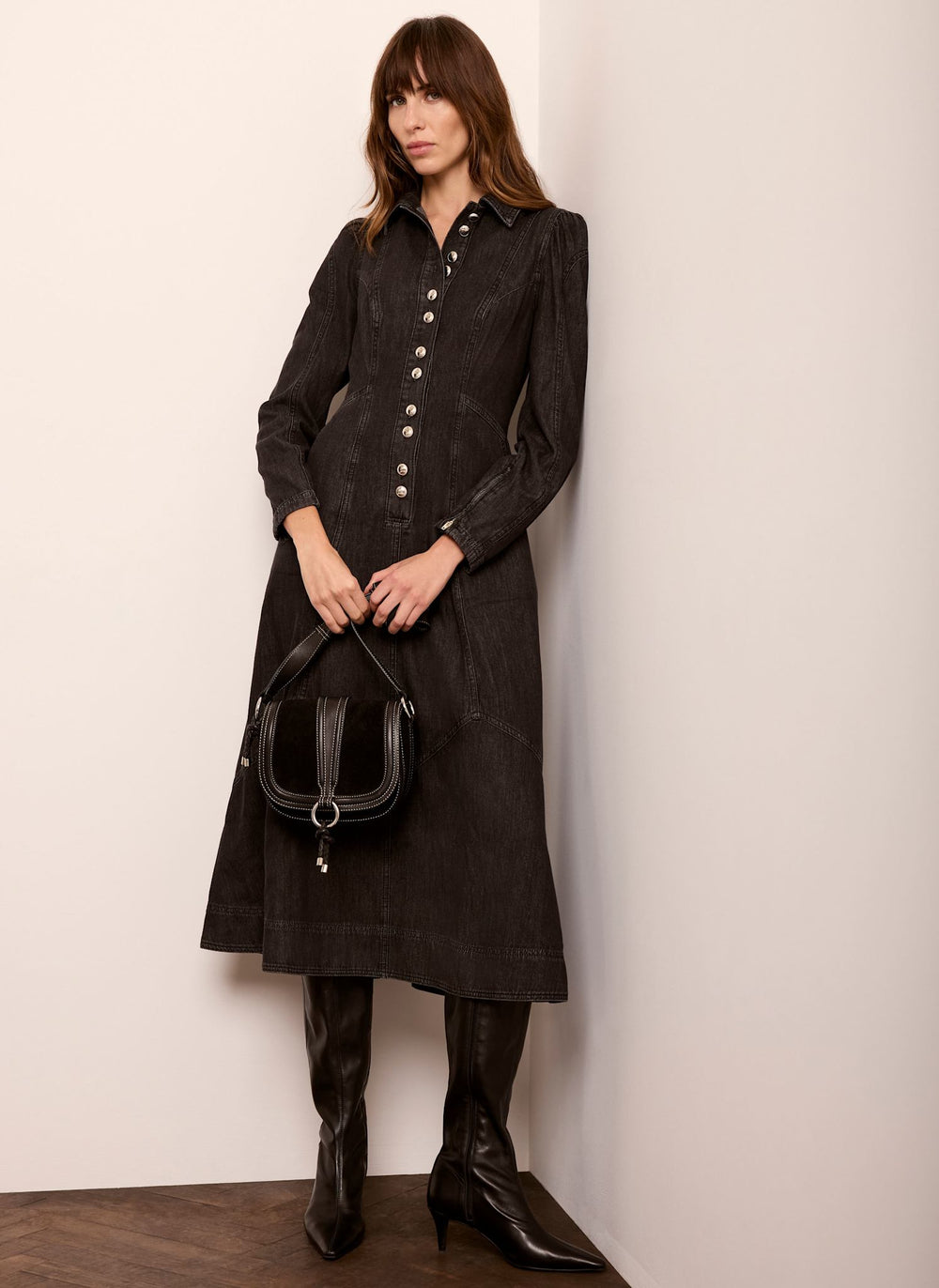 Black Denim Midi Shirt Dress