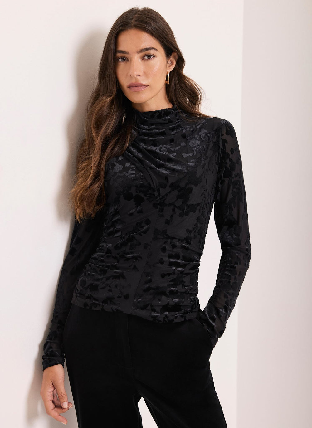 Black Floral Mesh Devore Top