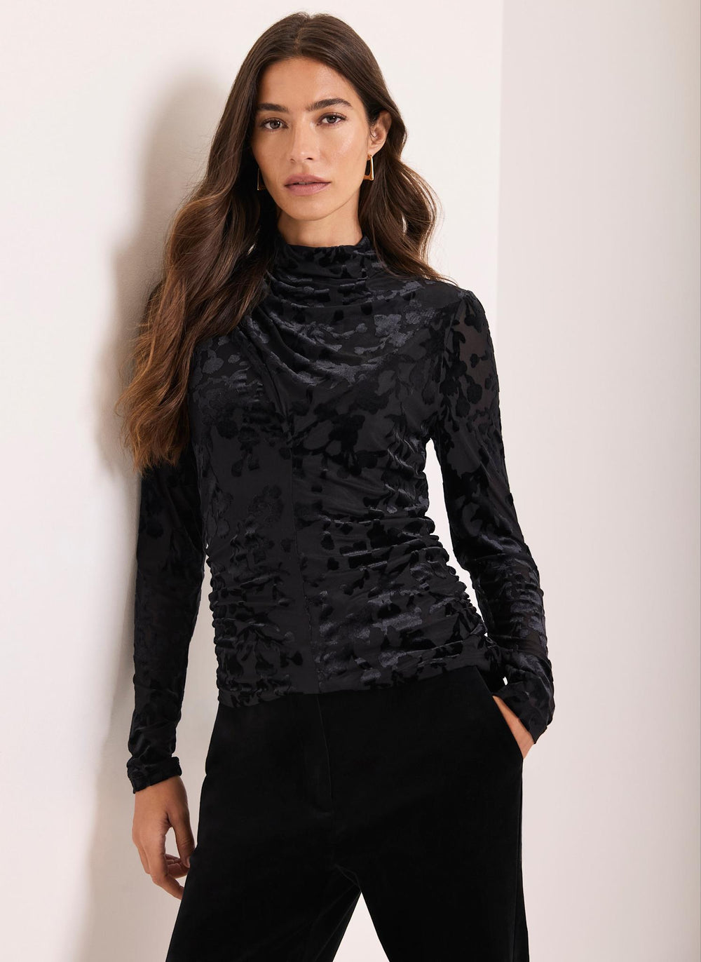 Black Floral Mesh Devore Top
