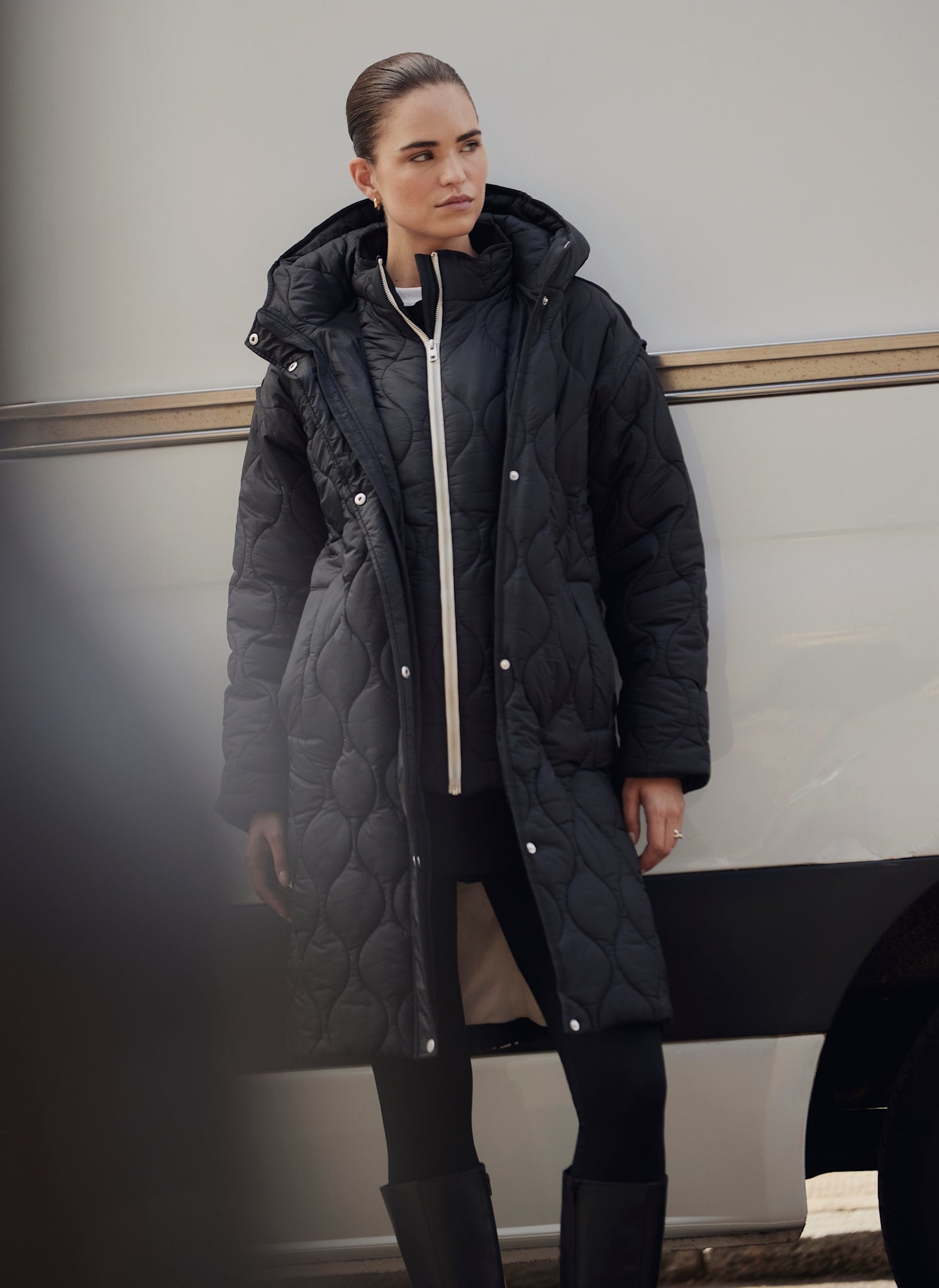 Black Double Layer Quilted Coat – Mint Velvet