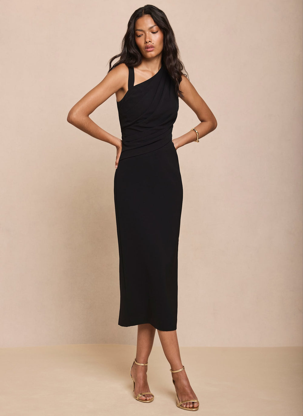 Black Draped Midi Dress
