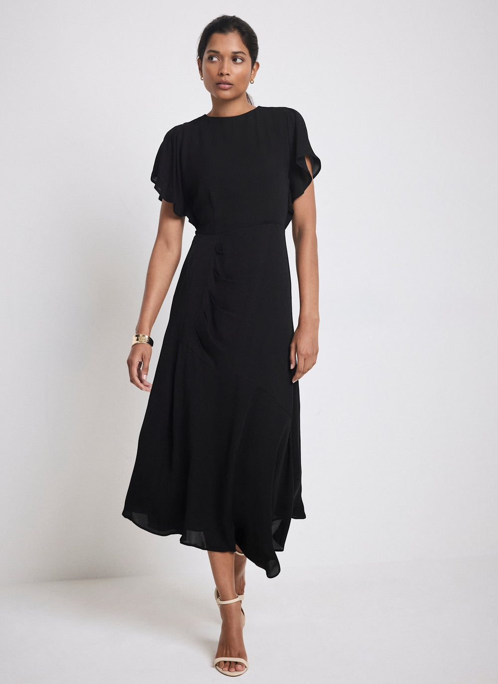 Black Draped Asymmetric Midi Dress