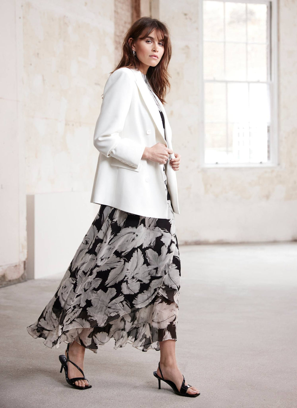 Black Feather Print Midi Dress