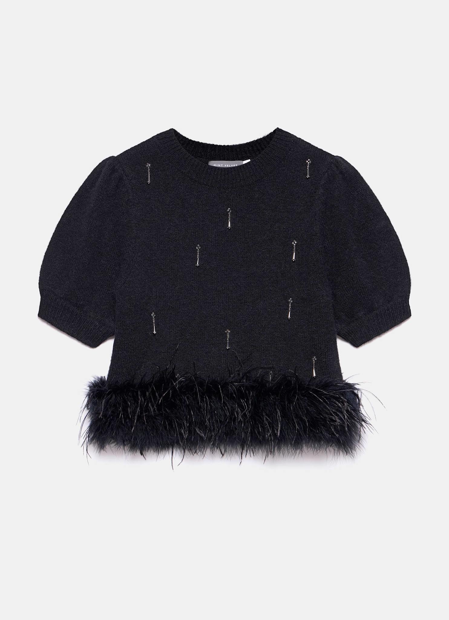 Black Embellished Feather Trim Knit Top – Mint Velvet