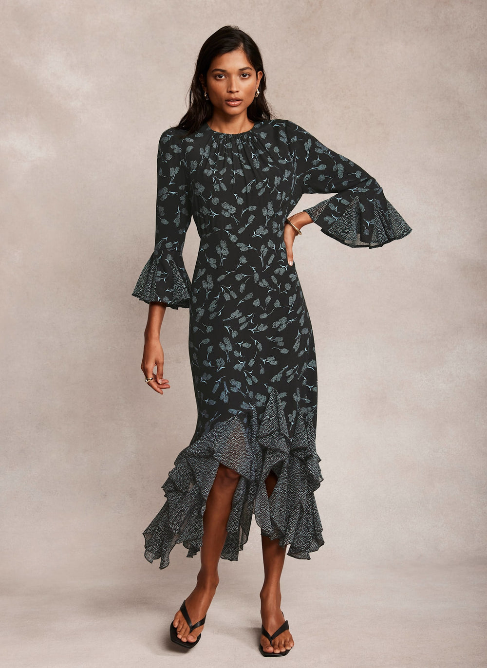 Black Floral Print Midi Dress